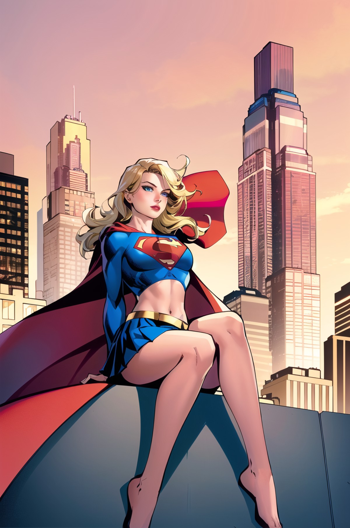 3978515515-2177228033-jim lee, __1girl, arm support, bangs, belt, blue eyes, blue skirt, blush, blonde hair, breasts, building, cape, cityscape, close.png